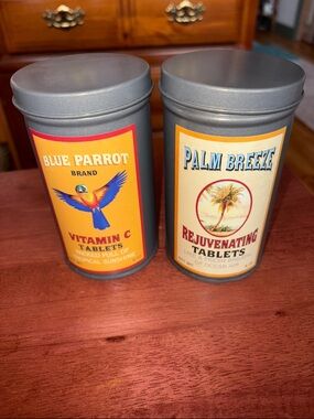 Set Vintage Style Blue Parrot & Palm Breeze Decorative Gray Metal Canisters NWT